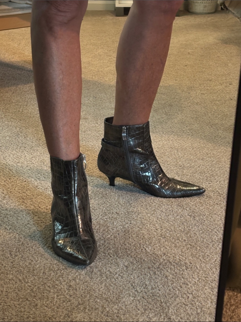 Anne Klein Pointed Croc-Embossed Ankle Boots in Pewter Patent